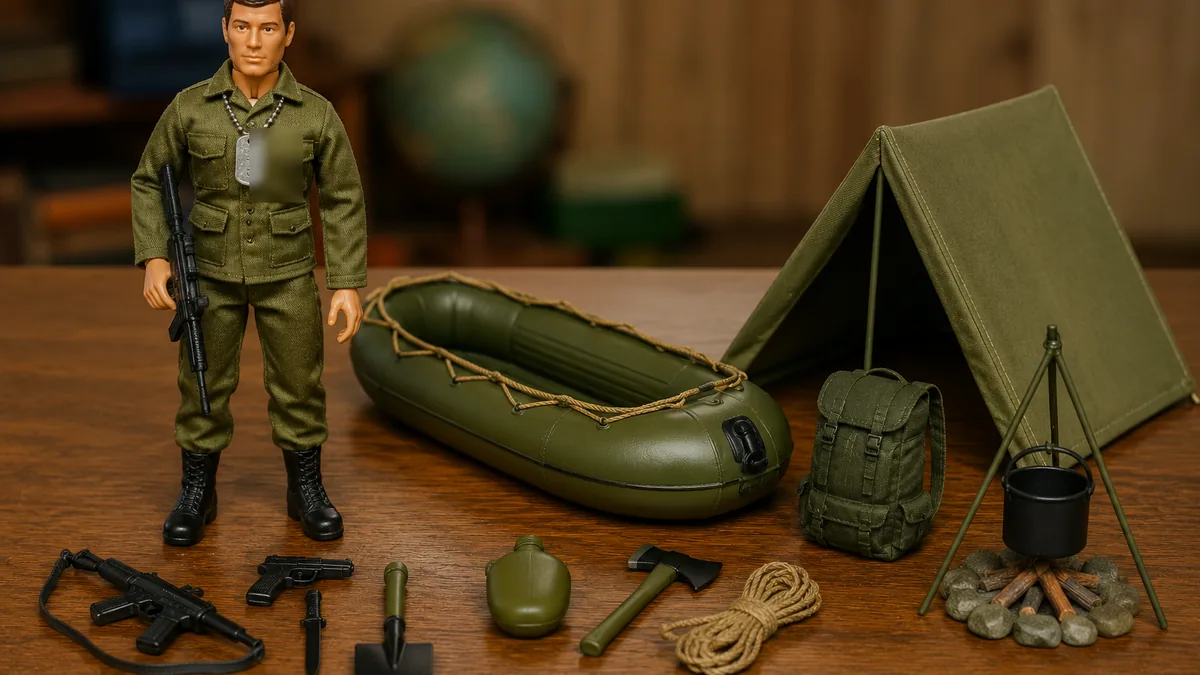 A rugged 1970s adventure action figure with camping and rescue equipment