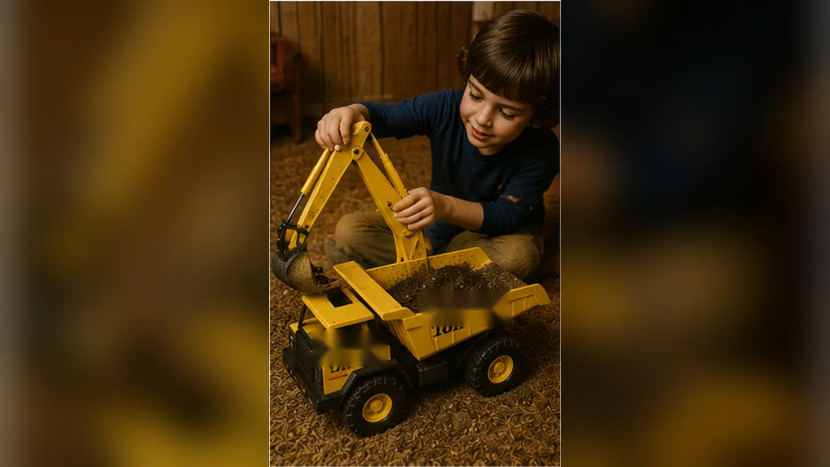 A rugged yellow metal dump truck working in a backyard dirt pile