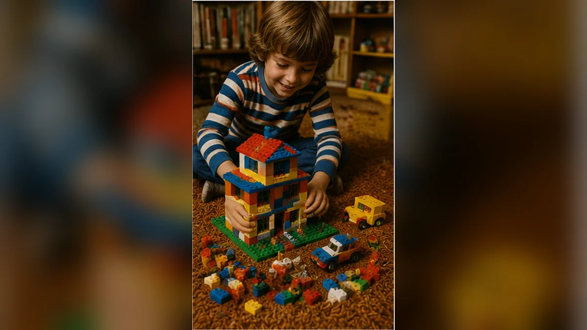A colorful 1970s building-brick house, vehicles, and figures on shag carpet