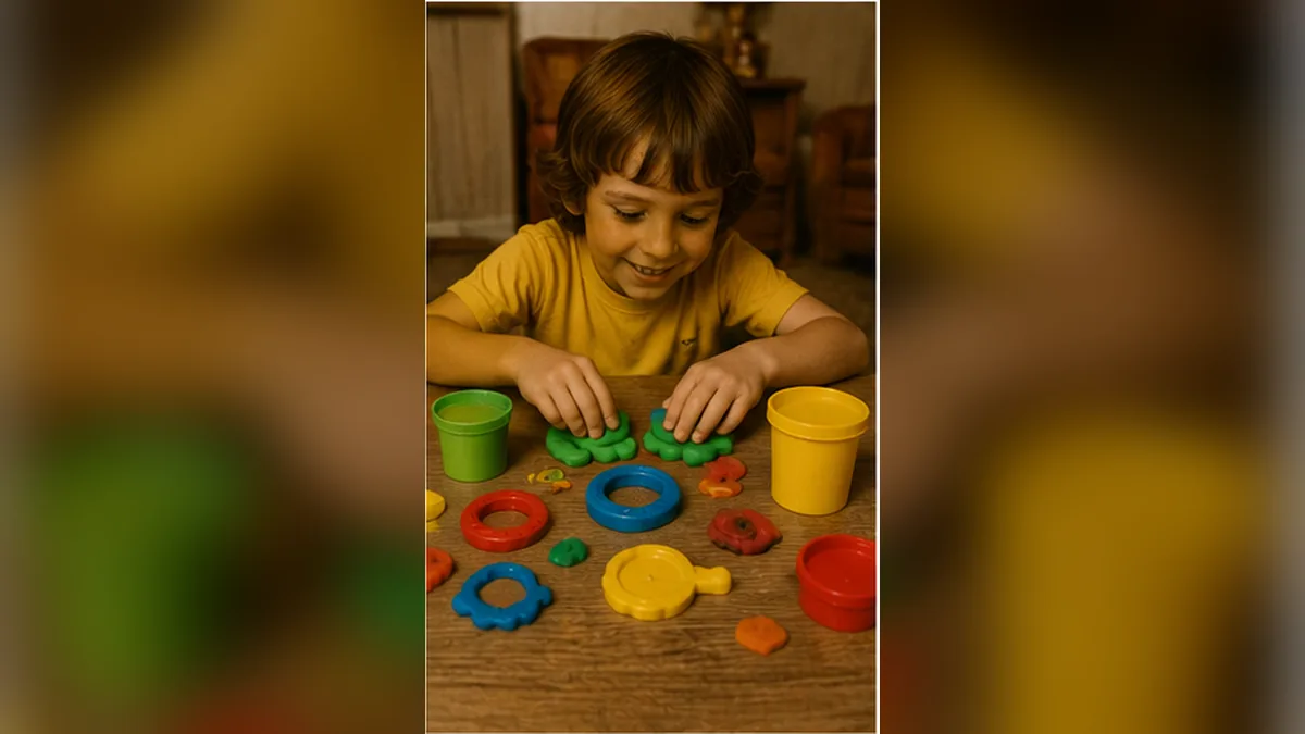 Colorful modeling compound and handmade shapes spread across a 1970s table