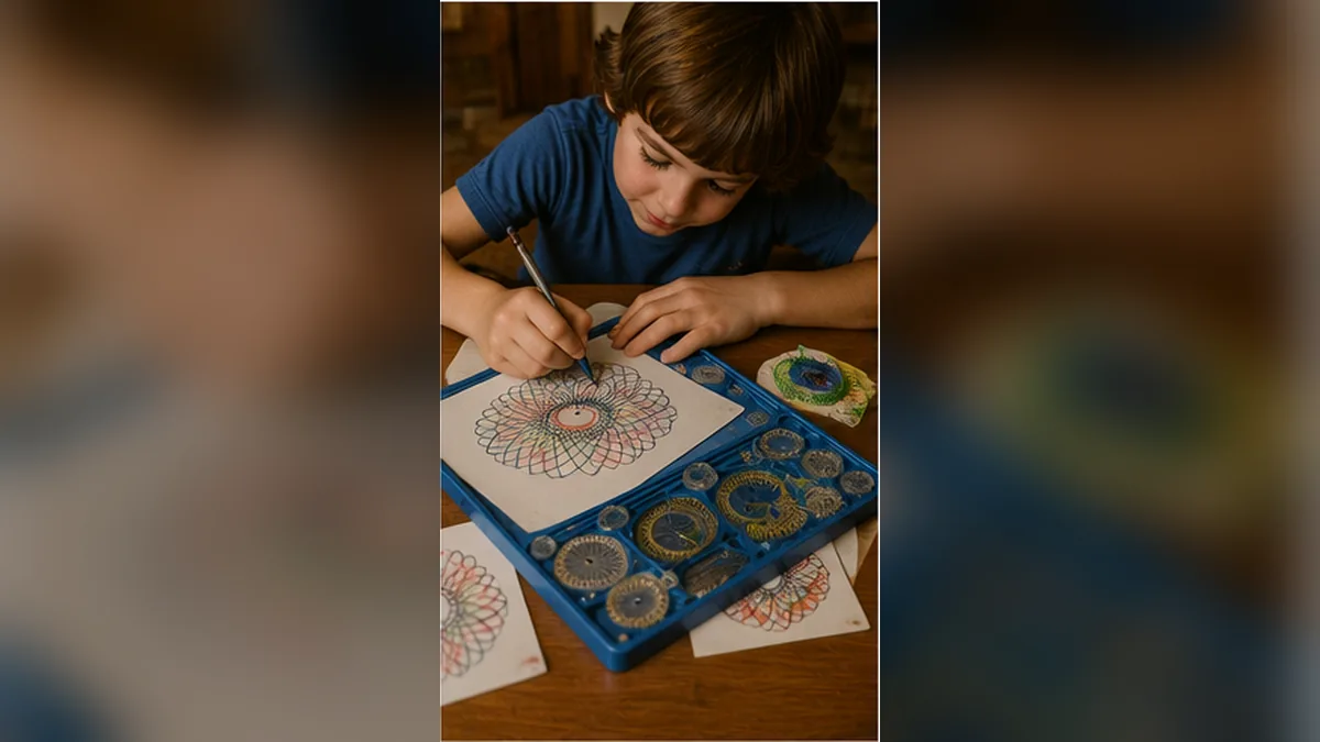 A child making colorful geometric designs with a Spirograph set