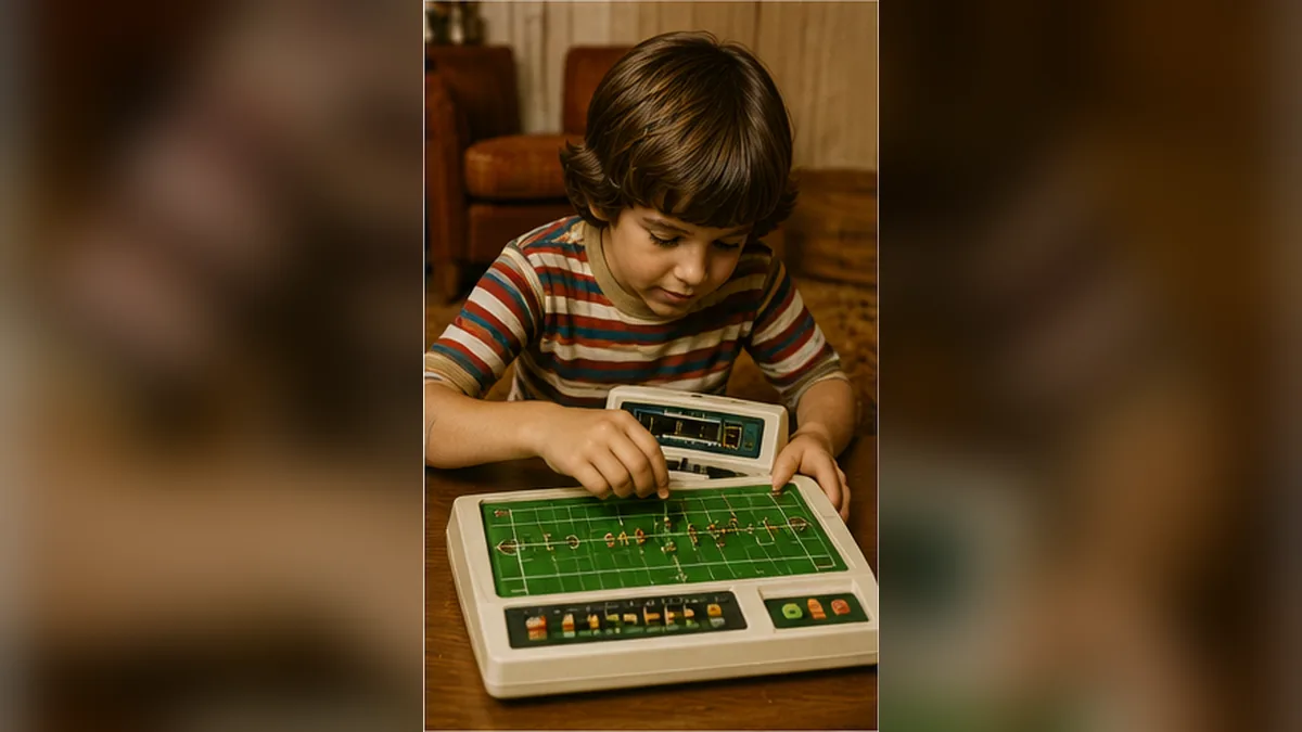 A late-1970s handheld electronic football game on a wooden table