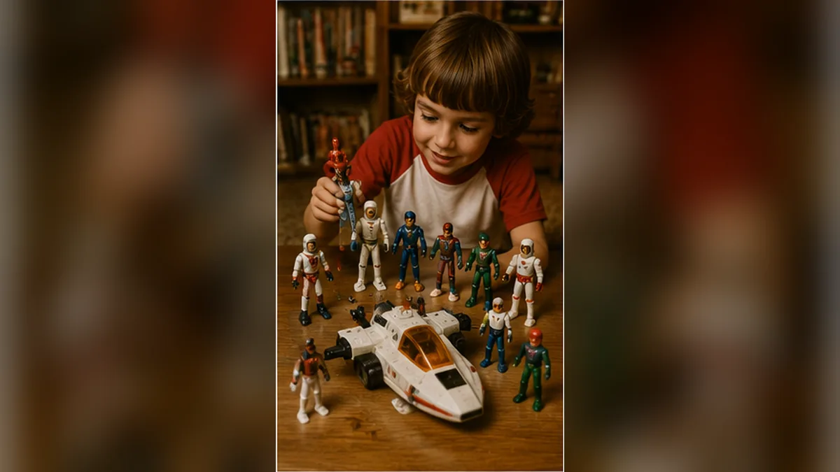 Small futuristic Micronauts figures and vehicles arranged for a space adventure