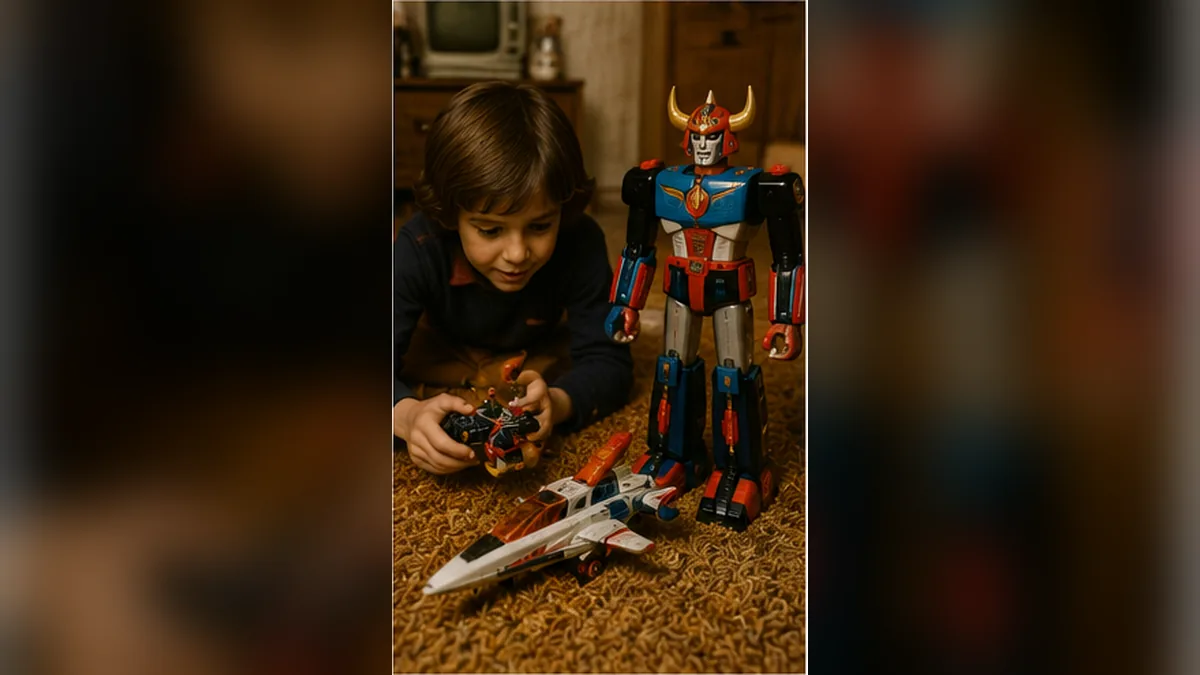 A towering Japanese-style robot toy standing in a warm 1970s family room