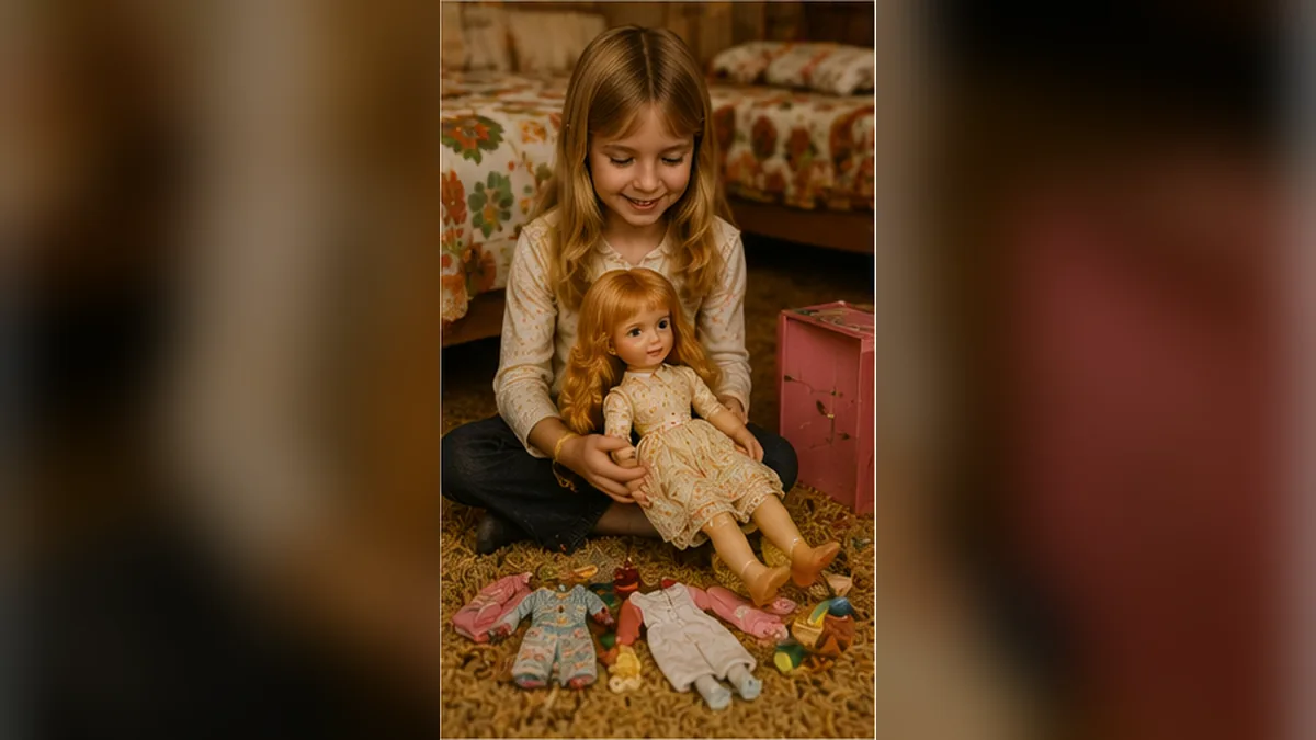 A 1970s fashion doll with long adjustable hair displayed in a child's bedroom