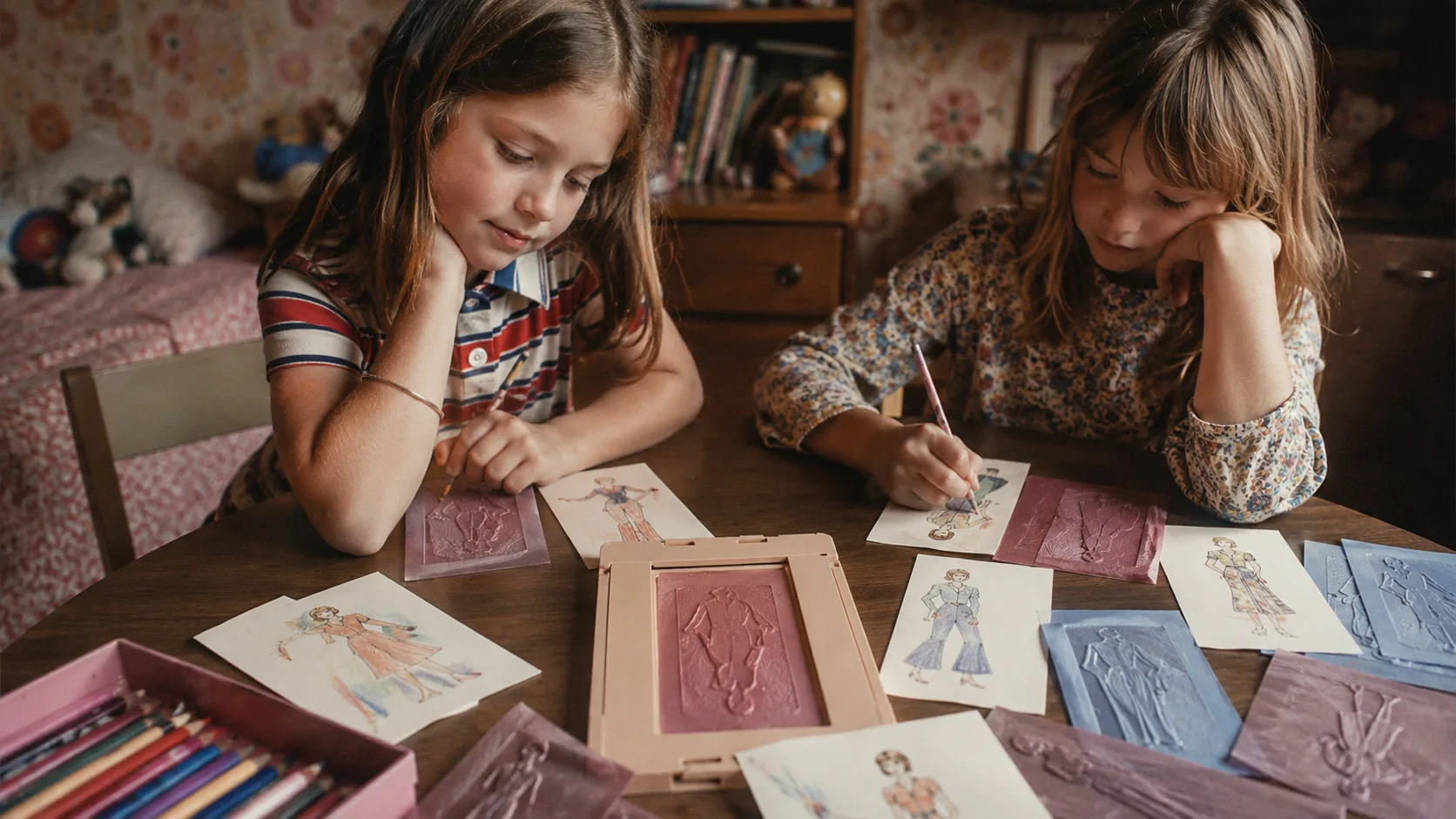 Two children creating outfits with Fashion Plates at a 1970s bedroom table