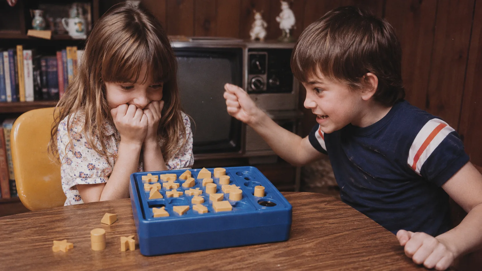 Children racing the timer while playing Perfection in a wood-paneled 1970s room