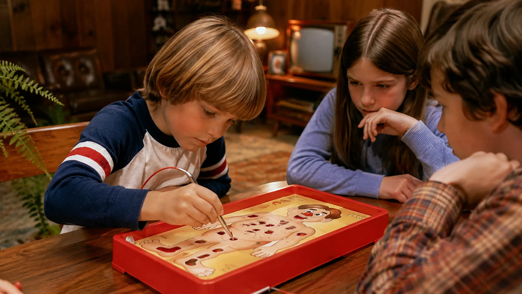 Children carefully playing the Operation dexterity game at a 1970s family-room table