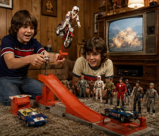 Children staging a dramatic 1970s toy-commercial scene with a stunt-cycle launcher, ramp and toy cars