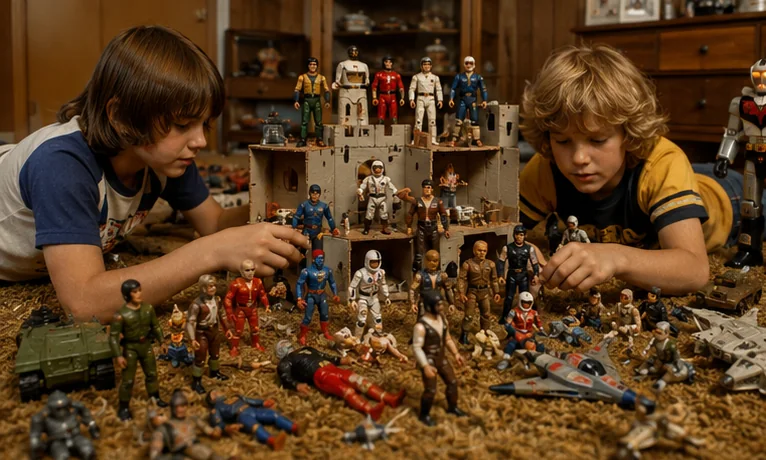Children staging a crossover battle with superheroes, astronauts, adventurers and robots in a homemade cardboard city
