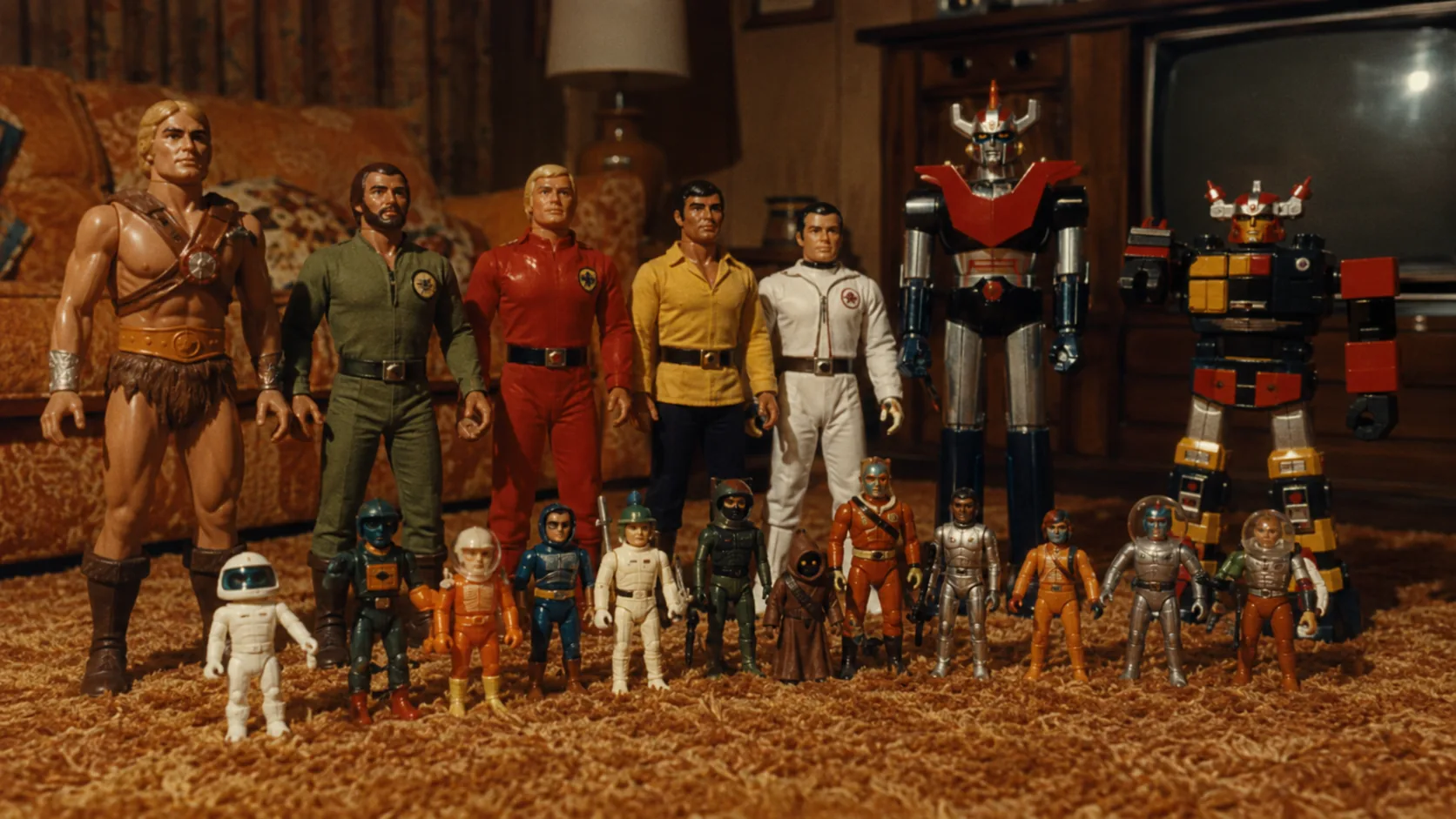 Large 12-inch adventurers, eight-inch cloth-costumed heroes, small space figures and giant robots sharing one 1970s playroom
