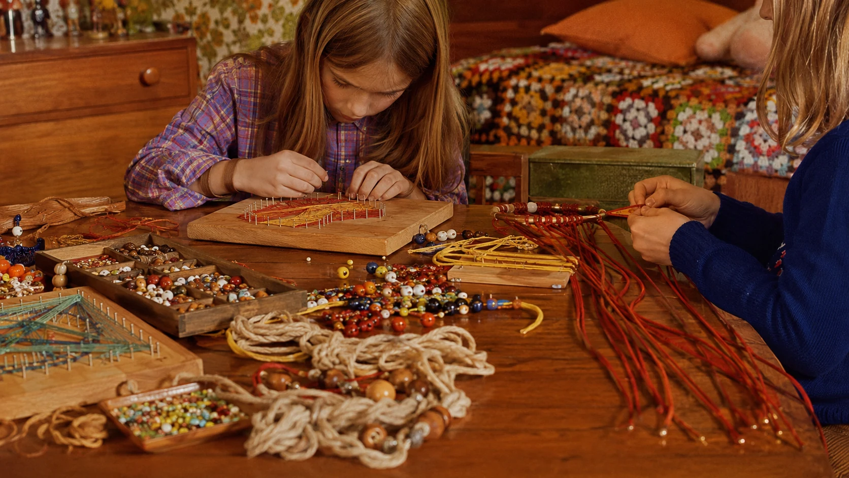 Children making beadwork, string art and macrame projects at a 1970s craft table