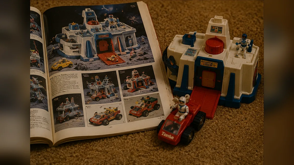 A glamorous toy catalog photograph beside the smaller real toy sitting on shag carpet