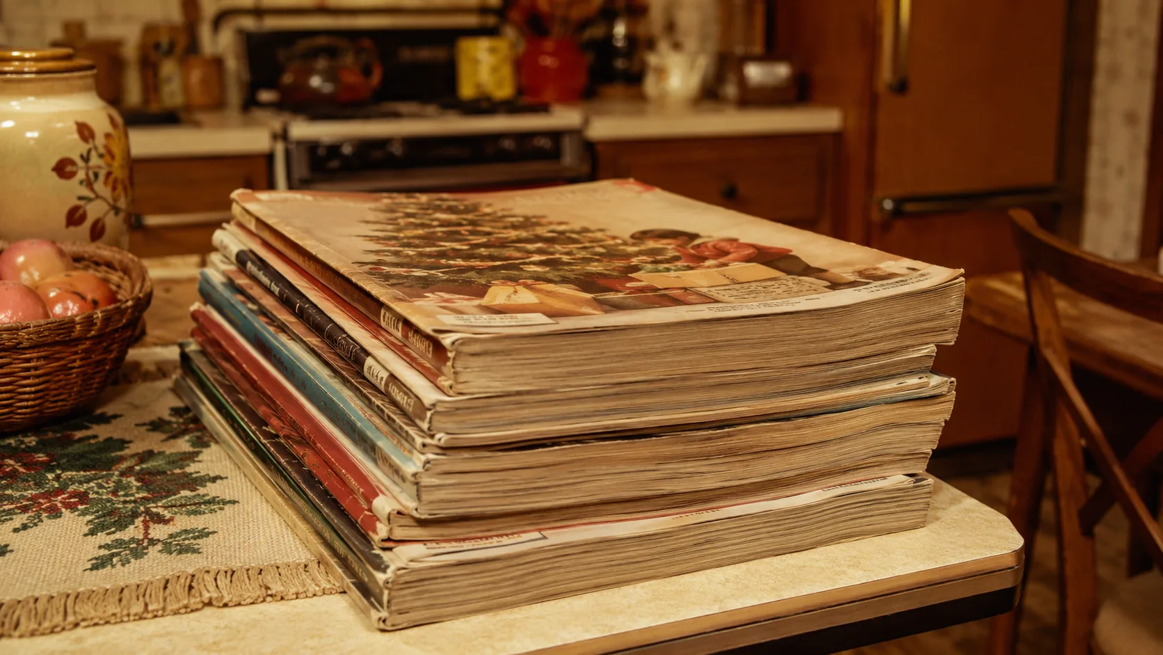 A worn stack of 1970s department-store Christmas catalogs on a kitchen table