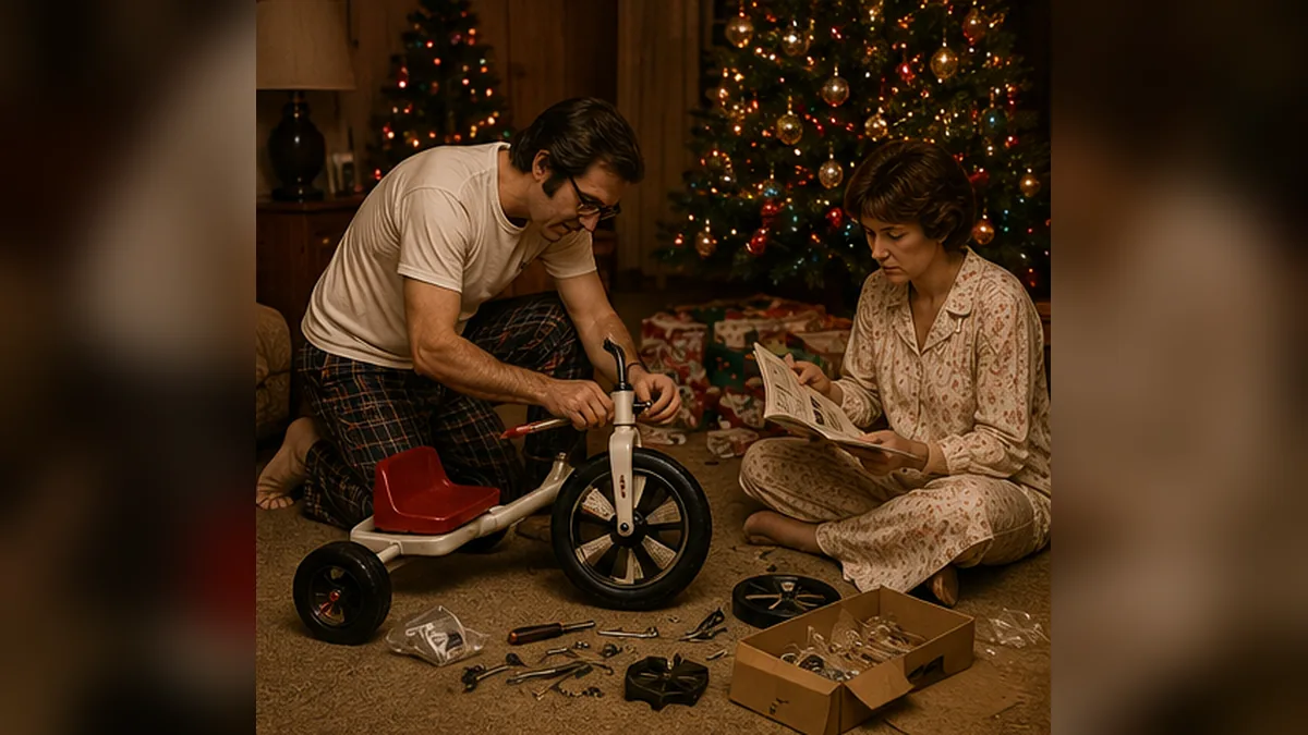 Parents assembling a large child riding toy late on Christmas Eve in a 1970s living room