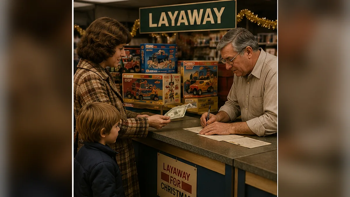 A parent making a Christmas layaway payment at a 1970s department-store counter