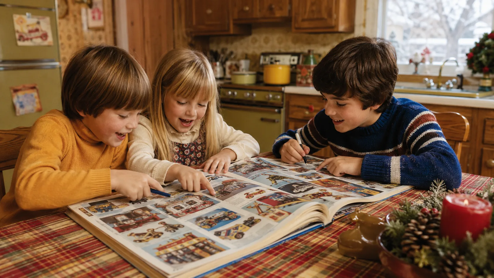 Children studying a Christmas toy catalog at a 1970s kitchen table