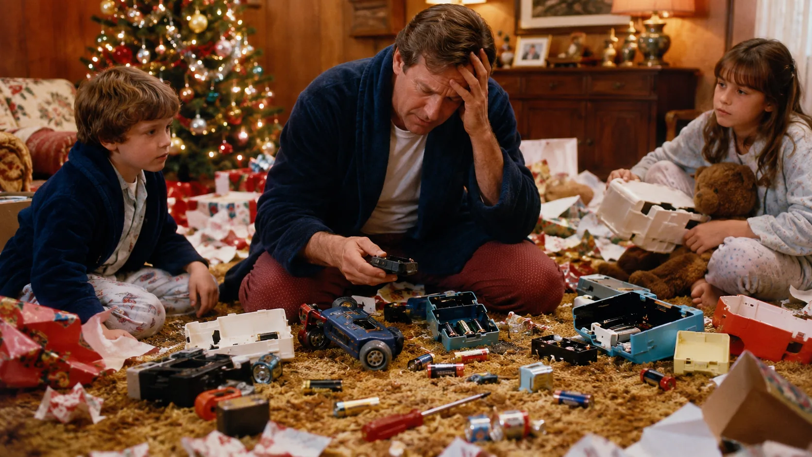 Parent dealing with missing batteries and opened electronic toys on Christmas morning
