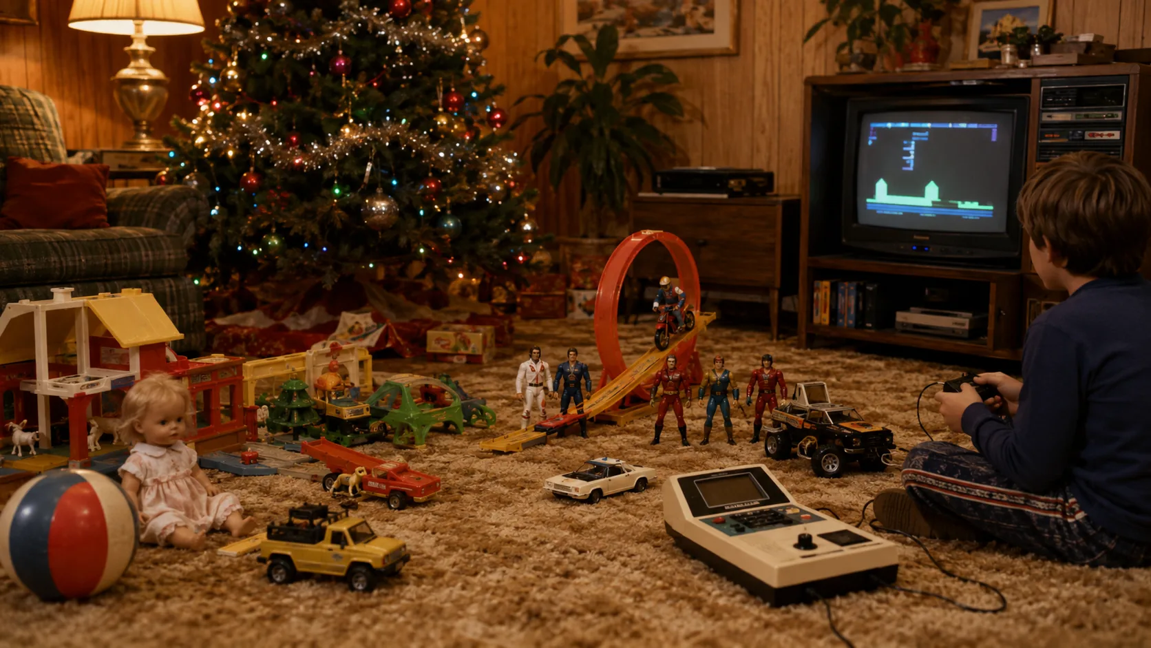 Christmas toy room showing the shift from traditional toys to late 1970s electronics