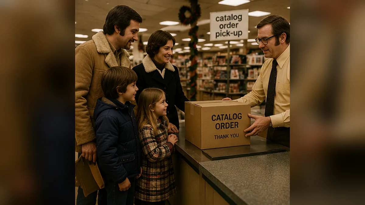 A family collecting a plain brown catalog-order box at a 1970s department-store counter