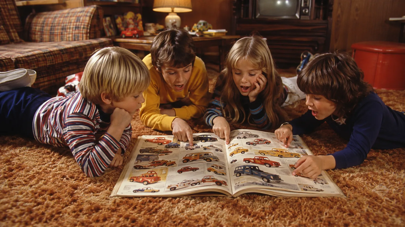 Four 1970s children sharing one large toy catalog on shag carpet