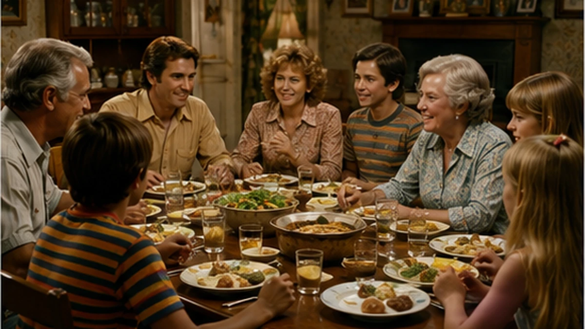 Multigenerational family sharing dinner in a warm 1970s home