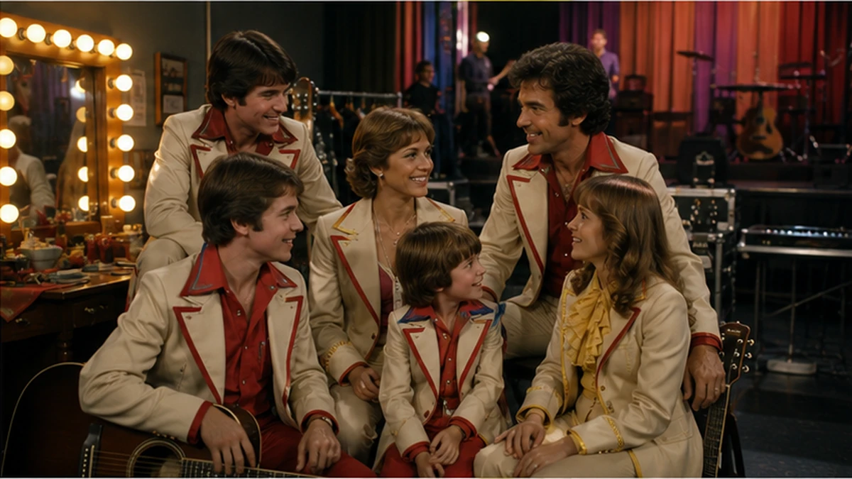 Musical family relaxing backstage before a 1970s television variety performance