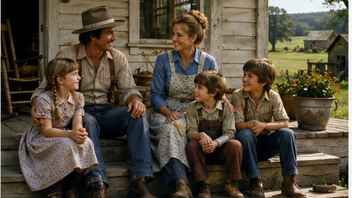 Rural family sitting together on the porch of a weathered farmhouse in the 1970s