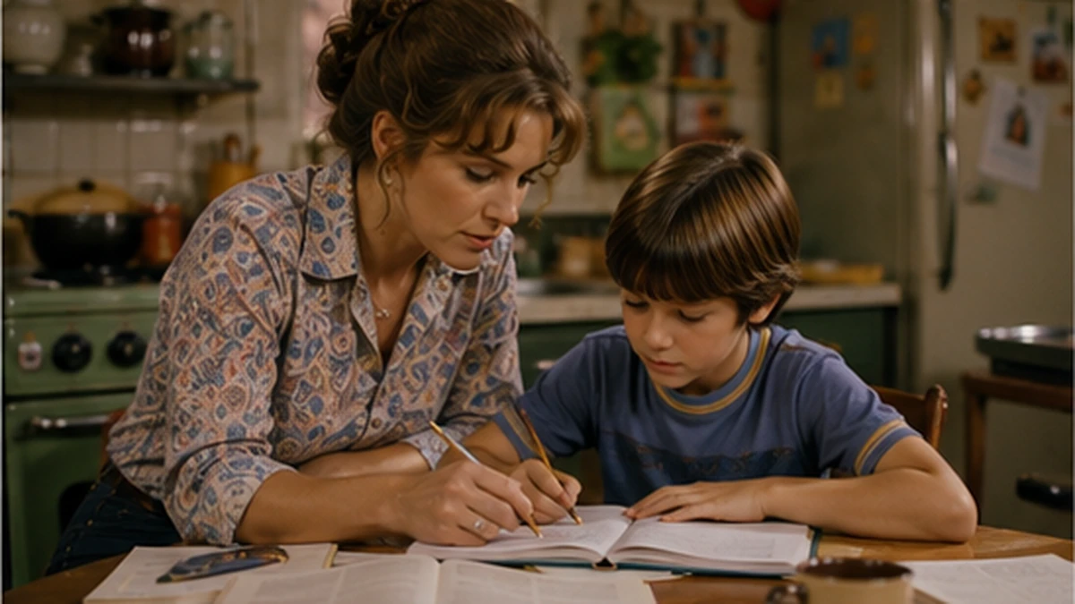 Single mother helping her son with homework at a 1970s kitchen table