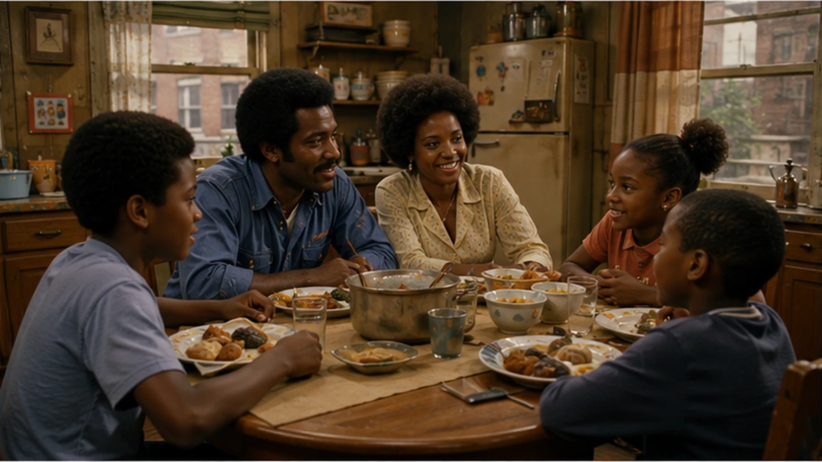 Working-class Black family gathered around the dinner table in a 1970s city apartment