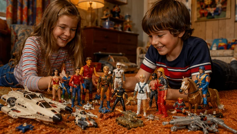 Girl and boy mixing superheroes, bionic characters, astronauts, adventurers and vehicles during 1970s floor play