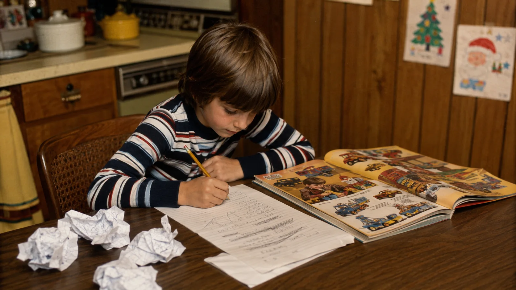 A Gen X child writing and rewriting a Christmas wish list beside an open toy catalog