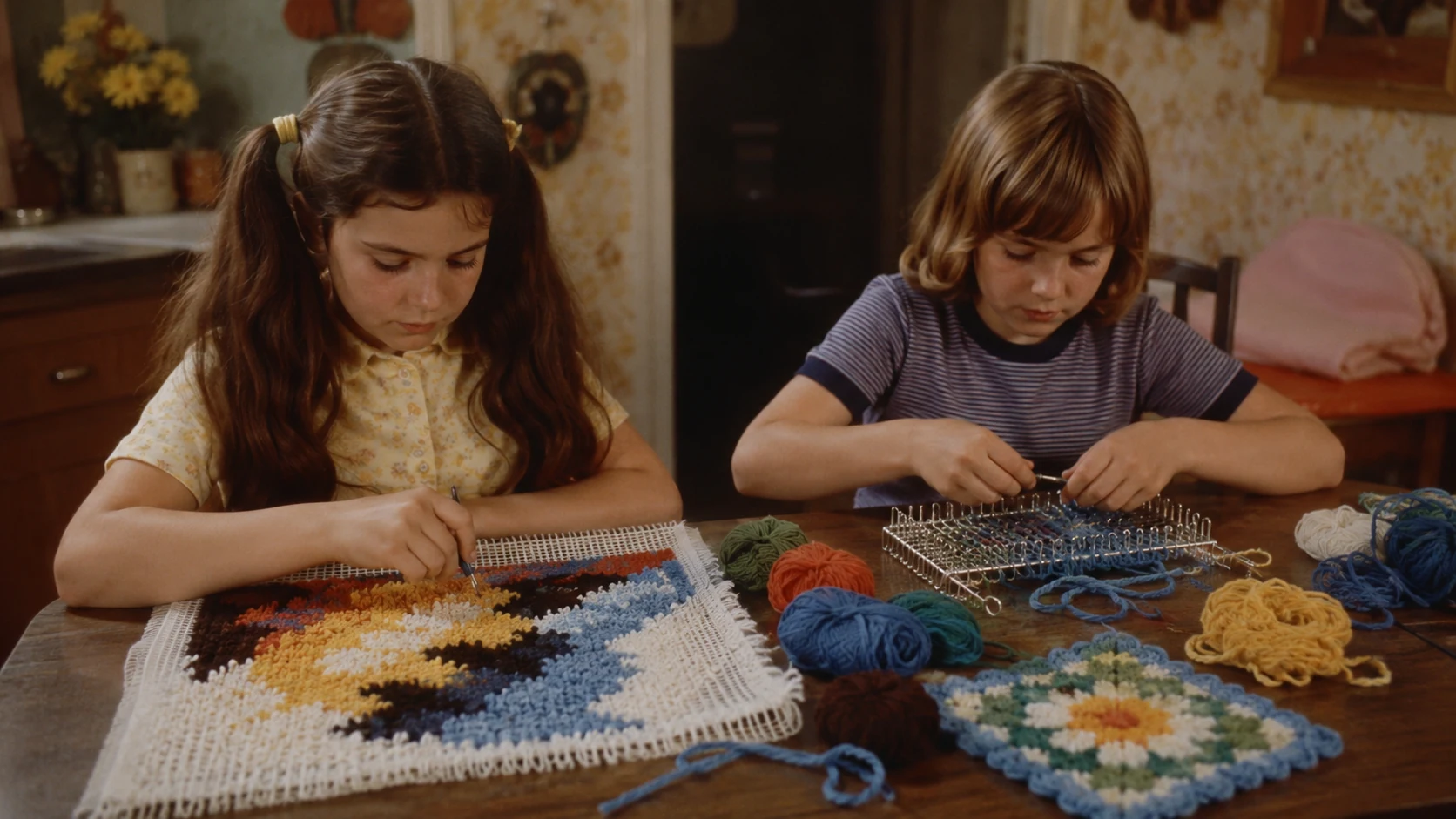 Children working on a latch hook project and potholder loom in a 1970s kitchen