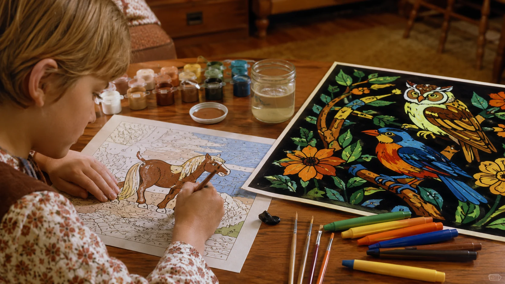 Child working on a paint-by-number picture beside a colorful velvet poster