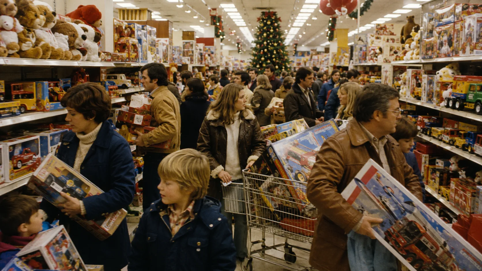 Crowded 1970s department store toy aisle during Christmas shopping