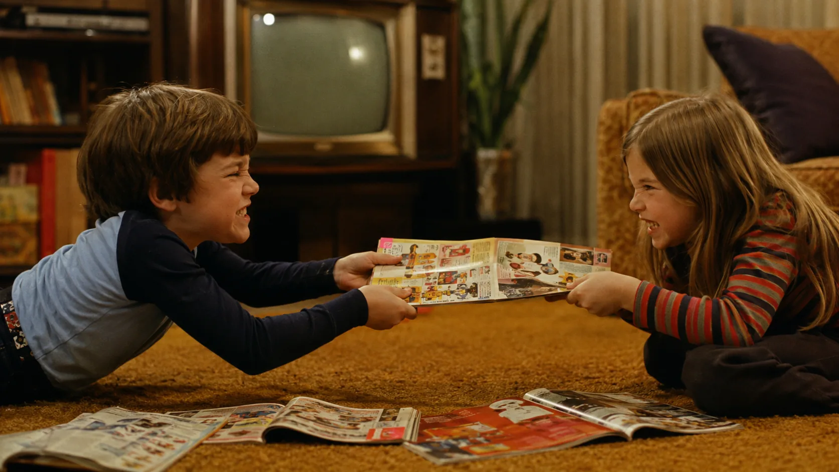 A brother and sister tugging opposite ends of the same toy catalog in a 1970s living room