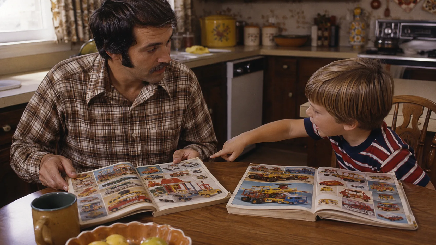 A father and son comparing similar toys and prices across two 1970s catalogs