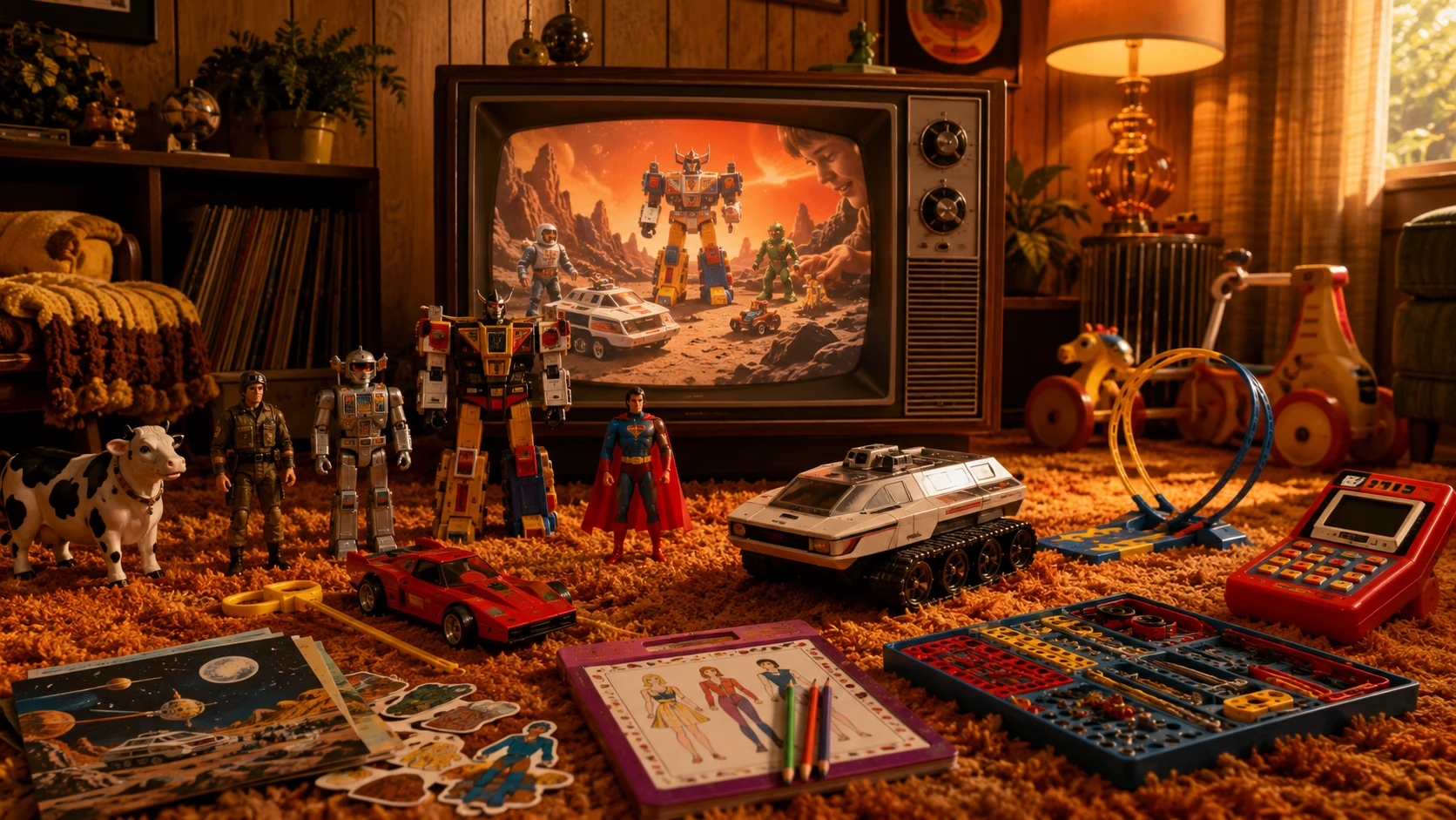 Vintage 1970s family room filled with classic toys in front of a woodgrain television showing a retro toy commercial