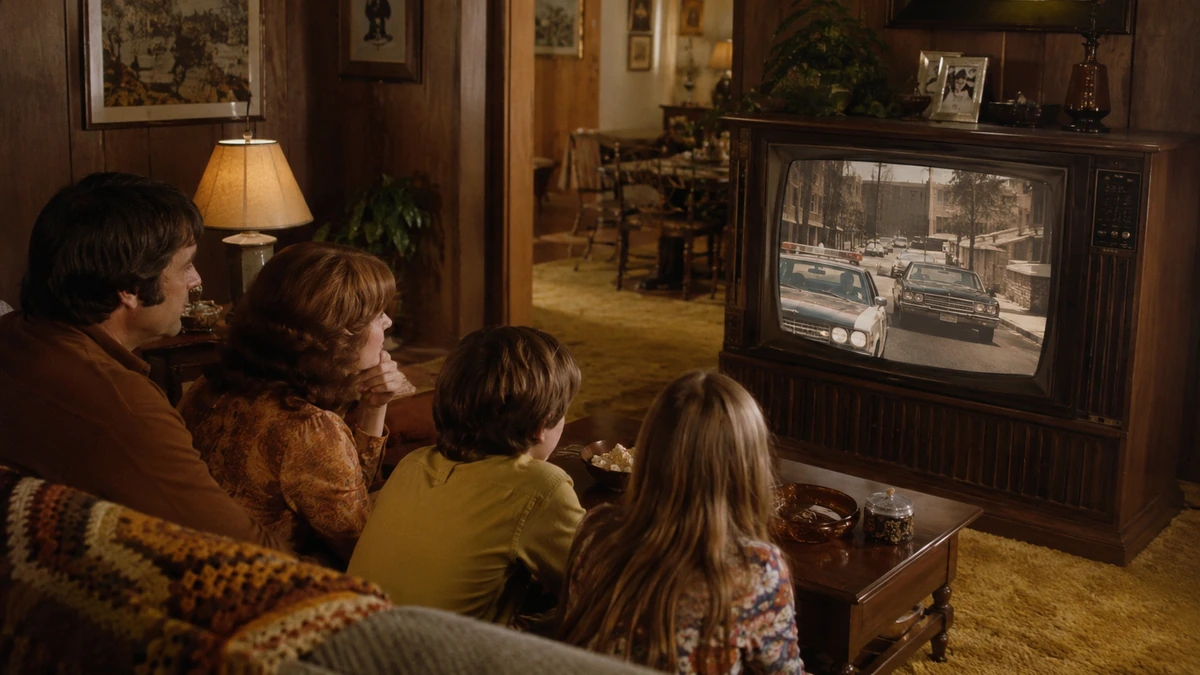 Family watching television in a warm wood-paneled 1970s living room