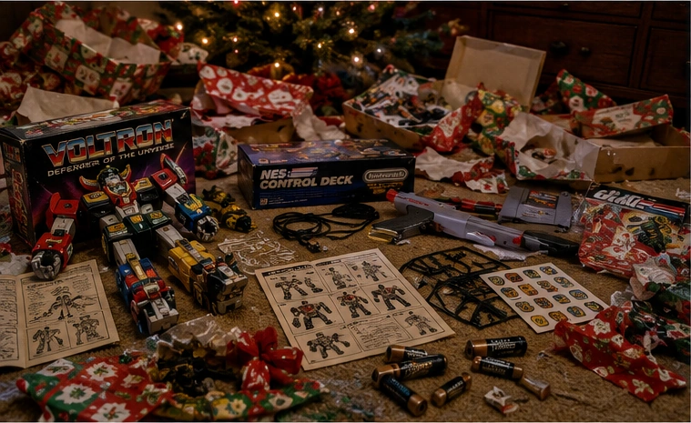 Christmas-morning aftermath with wrapping paper, batteries, toy instructions, and opened gifts