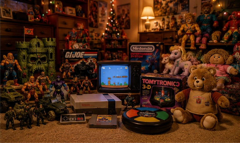 80s bedroom display of action figures, electronic toys, dolls, and a video-game console