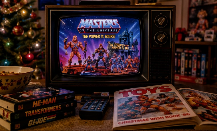 CRT television showing an 80s toy commercial beside catalogs, VHS tapes, and Christmas decorations