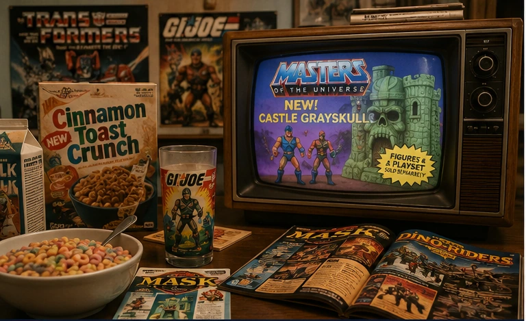 CRT television showing an 80s action-figure commercial beside cereal, magazines, and toy packaging