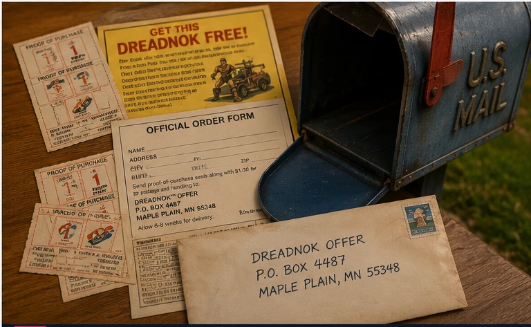 1980s mail-away action-figure offer with proofs of purchase, an order form, envelope, and mailbox