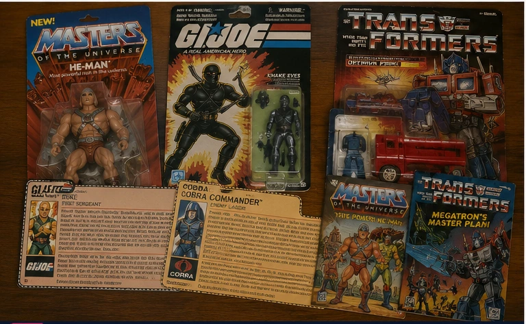 Vintage-style 80s action-figure packaging, file cards, mini-comics, and blister cards