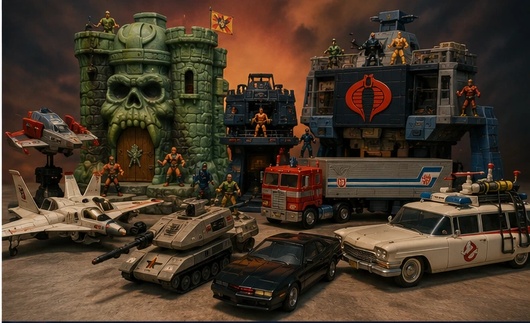 Large 80s action-figure vehicles, castles, headquarters, tanks, jets, and transforming playsets