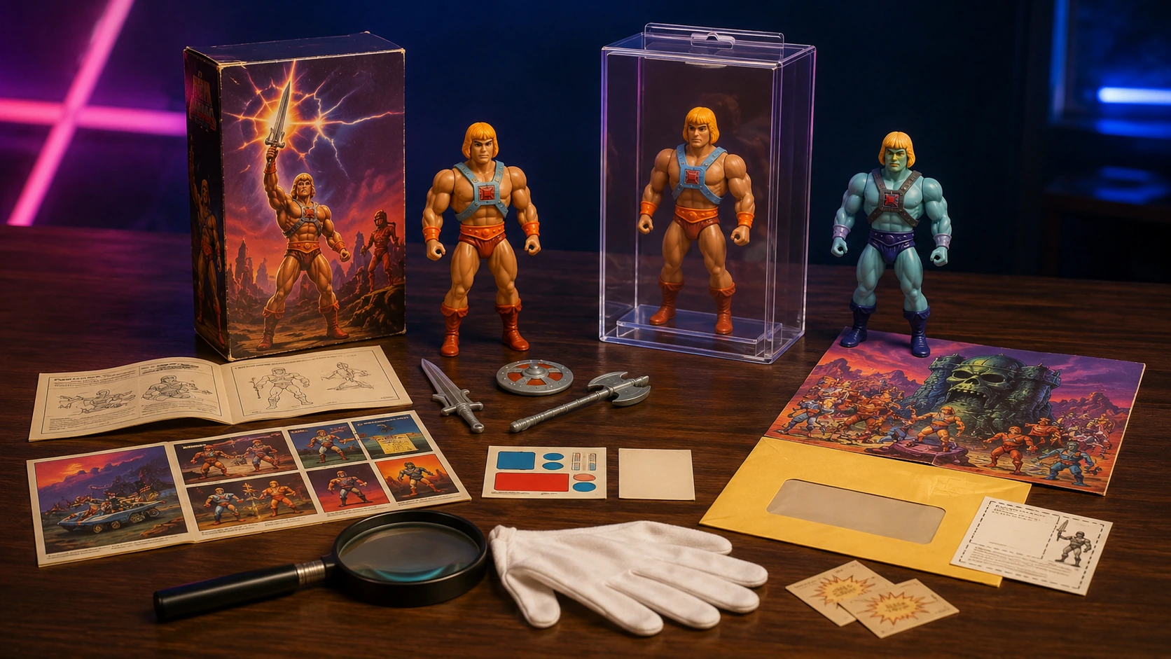 Vintage 80s toy collector display showing loose, complete, boxed, sealed, and protected action figures with accessories and paperwork