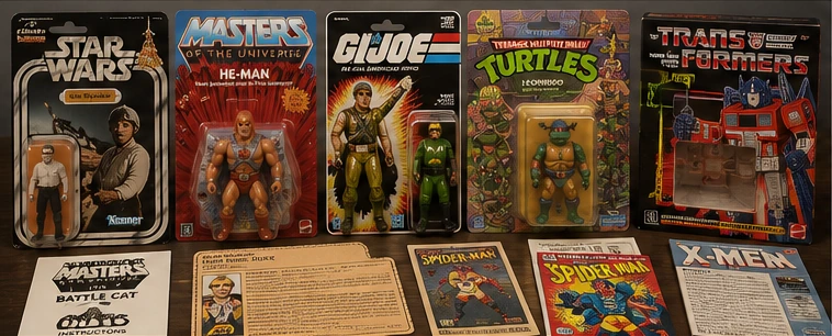 Vintage 80s toy packaging, cardbacks, blister cards, mini-comics, instructions, and collector paperwork