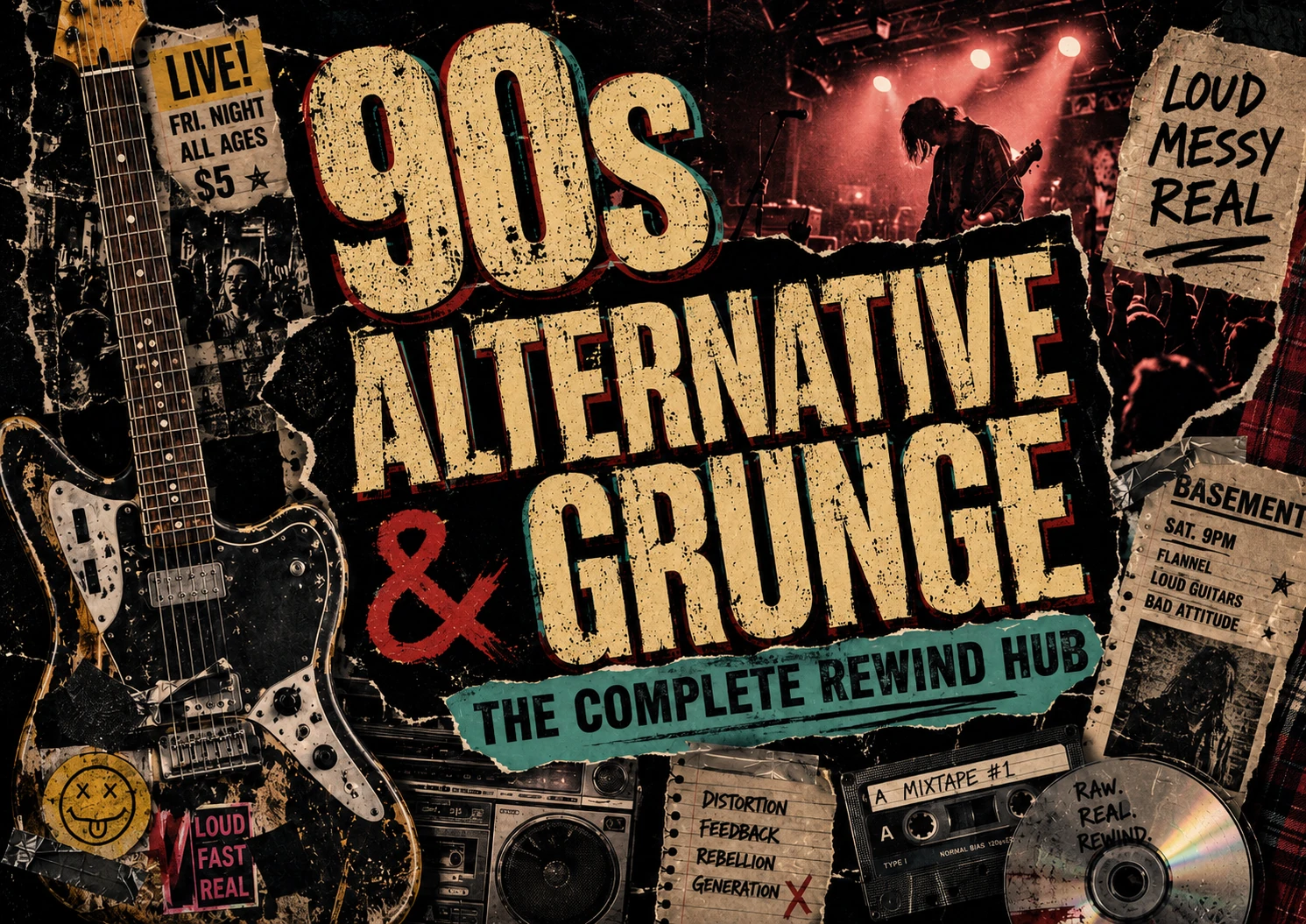 90s Alternative and Grunge complete hub featured image with guitar, torn posters, cassette tape, CD, flannel, and grungy concert flyer style