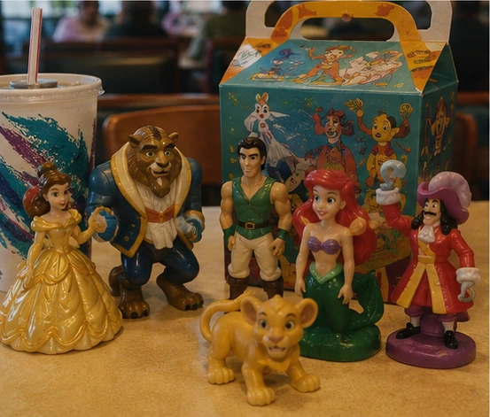 Colorful 1990s animated-movie-style fast-food figures arranged beside a themed kids-meal box
